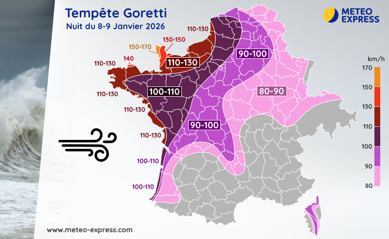 Thom_Wx's tweet photo. 🌬️Tempête Goretti à surveiller.
Des rafales >100 km/h sont possibles en Île-de-France, tandis que des pointes pouvant atteindre 170 km/h sont envisageables dans le département de la Manche, notamment sur le littoral. Prudence⚠️ https://t.co/GtAtjI7hpA