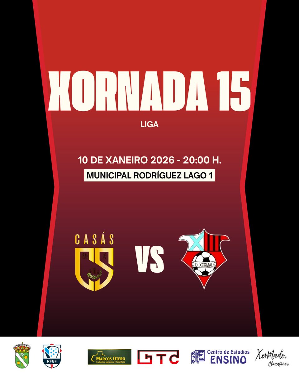 🔴 Xornada 15 ⚫️

⚽️ CP Casás - CD Xermade
📆 Sábado 10 de xaneiro
⏰ 20:00 h.
📍Municipal Rodríguez Lago 1

#Xermade2526 ❤️🖤