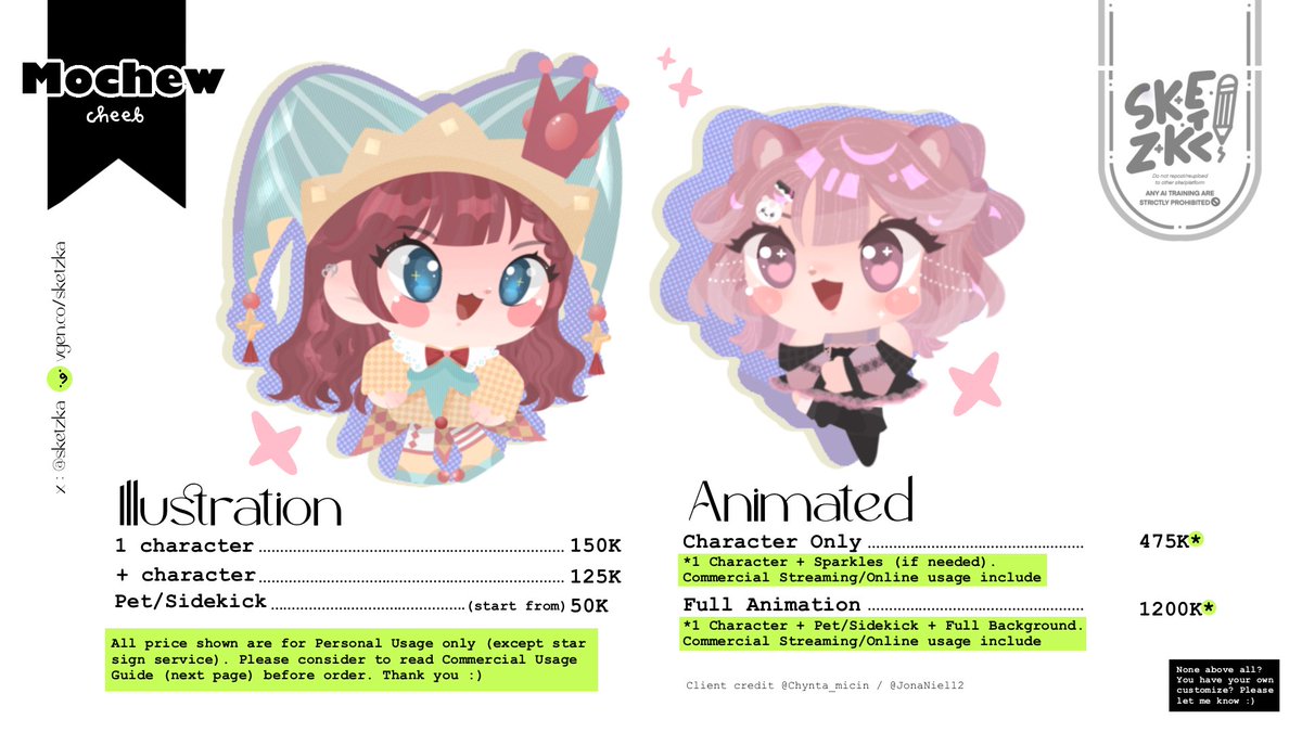 sketzka's tweet image. It’s only $0 to reshare this Commission Sheet!
↻  +  ♡︎ really appreciate! ❣️

✨Open Commission (🇮🇩Only)✨

Order here :
forms.gle/fMGJCzFR7echkN…

International  friends can order thru :
💚 vgen.co/sketzka 

#commissionsopen #commission #opencommission