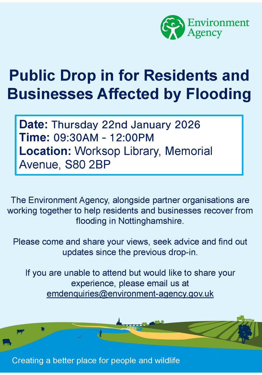 The Environment Agency are holding another public drop-in for residents and businesses affected by flooding. 

📅 Thursday, 22nd January 2026. 
📌 Worksop Library, Memorial Avenue, S80 2BP. 
⏰ 9:30am to 12:00pm

Come along to share your views, seek advice and receive an update