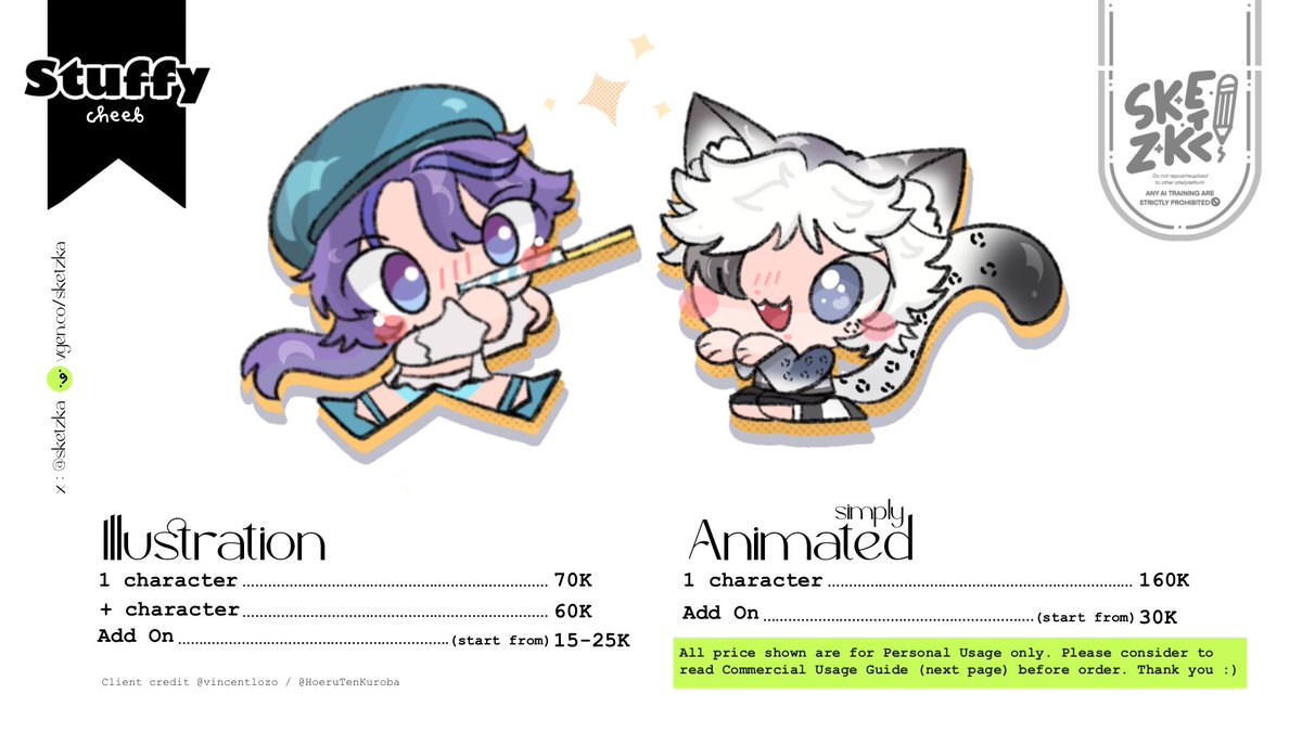 sketzka's tweet image. It’s only $0 to reshare this Commission Sheet!
↻  +  ♡︎ really appreciate! ❣️

✨Open Commission (🇮🇩Only)✨

Order here :
forms.gle/fMGJCzFR7echkN…

International  friends can order thru :
💚 vgen.co/sketzka 

#commissionsopen #commission #opencommission