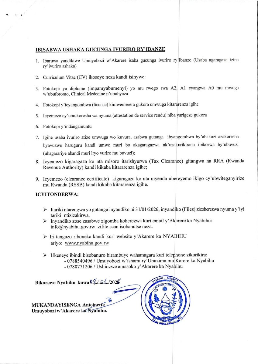 NyabihuDistrict's tweet photo. Itangazo rihamagarira gupiganira amavuriro y'ibanze. https://t.co/rVPSPWCyfY