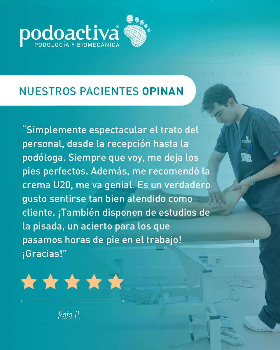 Podoactiva's tweet image. “Simplemente espectacular el trato del personal desde la recepción hasta la podóloga. Siempre que voy, me deja los pies perfectos.”

✅ Comentario registrado y verificado en nuestras fichas y reseñas de #Google.

⭐️⭐️⭐️⭐️⭐

#Podología #Biomecánica #Podoactiva