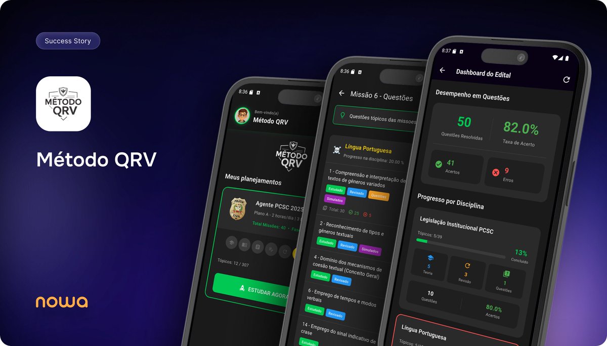 Meet Método QRV — another success story built on Nowa.

Método QRV is a professional app built by Mega Simulados, a Brazilian exam-prep company focused on helping students prepare seriously for competitive public exams.
 🔗 megasimulados.com.br

The app is designed