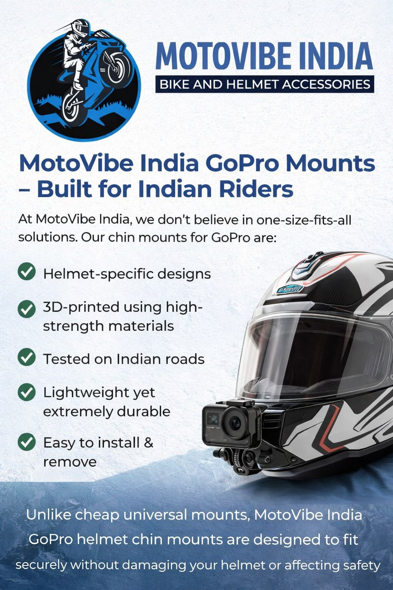 MotovibeIndia's tweet image. MotoVibe India GoPro Mounts – Built for Indian Riders
At MotoVibe India, we don’t believe in one-size-fits-all solutions. 

#ChinMountsForGoPro
#GoProHelmetChinMount
#GoProMount
#HelmetChinMount
#GoProAccessories