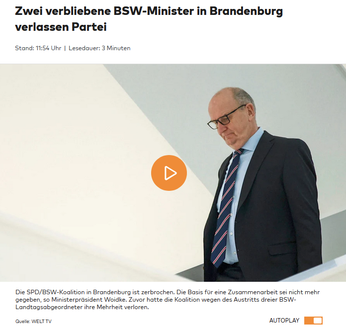 PeterBorbe's tweet image. Und weitere 2 BSW-Minister in Brandenburg verlassen das sinkende Schiff. Das BSW hatte die Aufgabe, kurzfristig Wahlerfolge der AfD bei Landtagswahlen im Osten zu verhindern. Diese Aufgabe hatte es erfüllt, inzwischen ist es offenbar obsolet.
welt.de/politik/deutsc…