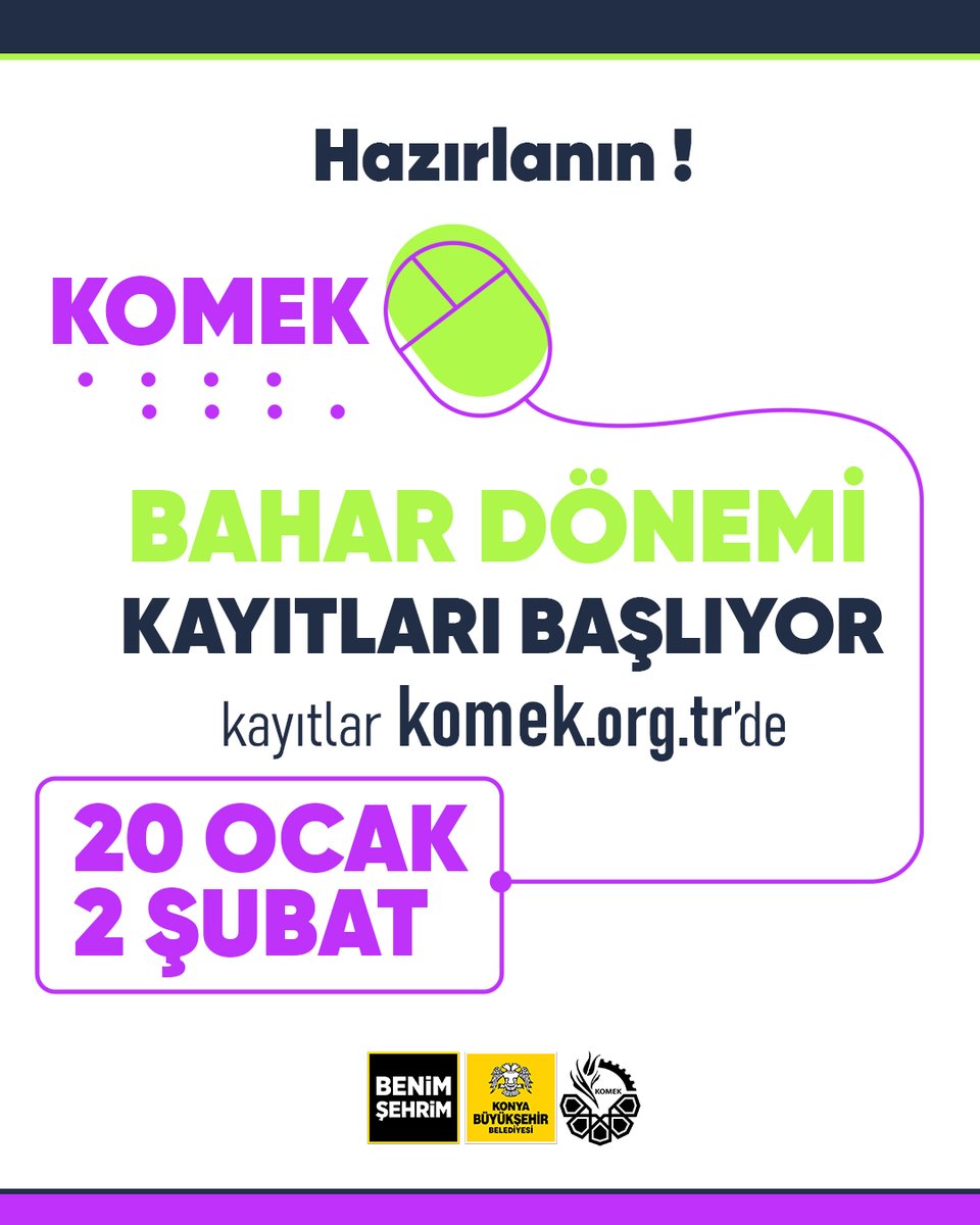 komekkonya's tweet photo. KOMEK Bahar Dönemi kayıtları başlıyor.
Yeni beceriler, yeni hedefler ve dopdolu bir dönem kapıda.
Öğrenmek isteyen herkes için fırsat zamanı. 🌱
🗓 20 Ocak – 2 Şubat
🌐 Kayıtlar: https://t.co/c2tue9KHHR
Bilgiye bir adım daha yaklaş, baharı KOMEK’le karşıla. https://t.co/8YjsQrkQR6