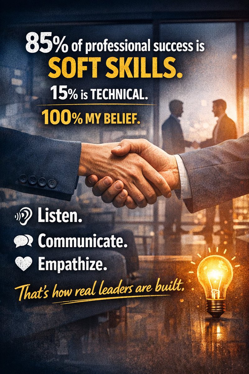 "85% of professional #success depends on #softskills, only 15% on #technicalskills"
This is 100% my belief
You have to be:
🥇a good listener
🥇a powerful communicator
&amp; above all,someone who truly empathizes with their team🥇
#Human connection is what makes #leaders unforgettable