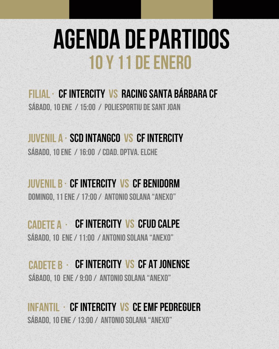 BaseCFIntercity's tweet image. 📒⚽ 𝗛𝗢𝗥𝗔𝗥𝗜𝗢𝗦 • Estos son los partidos de nuestros equipos este fin de semana 

💪🏻🍀 ¡𝗦𝘂𝗲𝗿𝘁𝗲!
