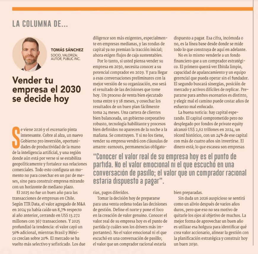 Para vender tu empresa en 2030, la decisión la debes tomar hoy. 

Conocer el valor real de su empresa es el punto de partida. No el valor emocional ni el que escuchó en el pasillo, el valor que un comprador racional estaría dispuesto a pagar <a href="/DFinanciero/">Diario Financiero</a>

df.cl/opinion/column…