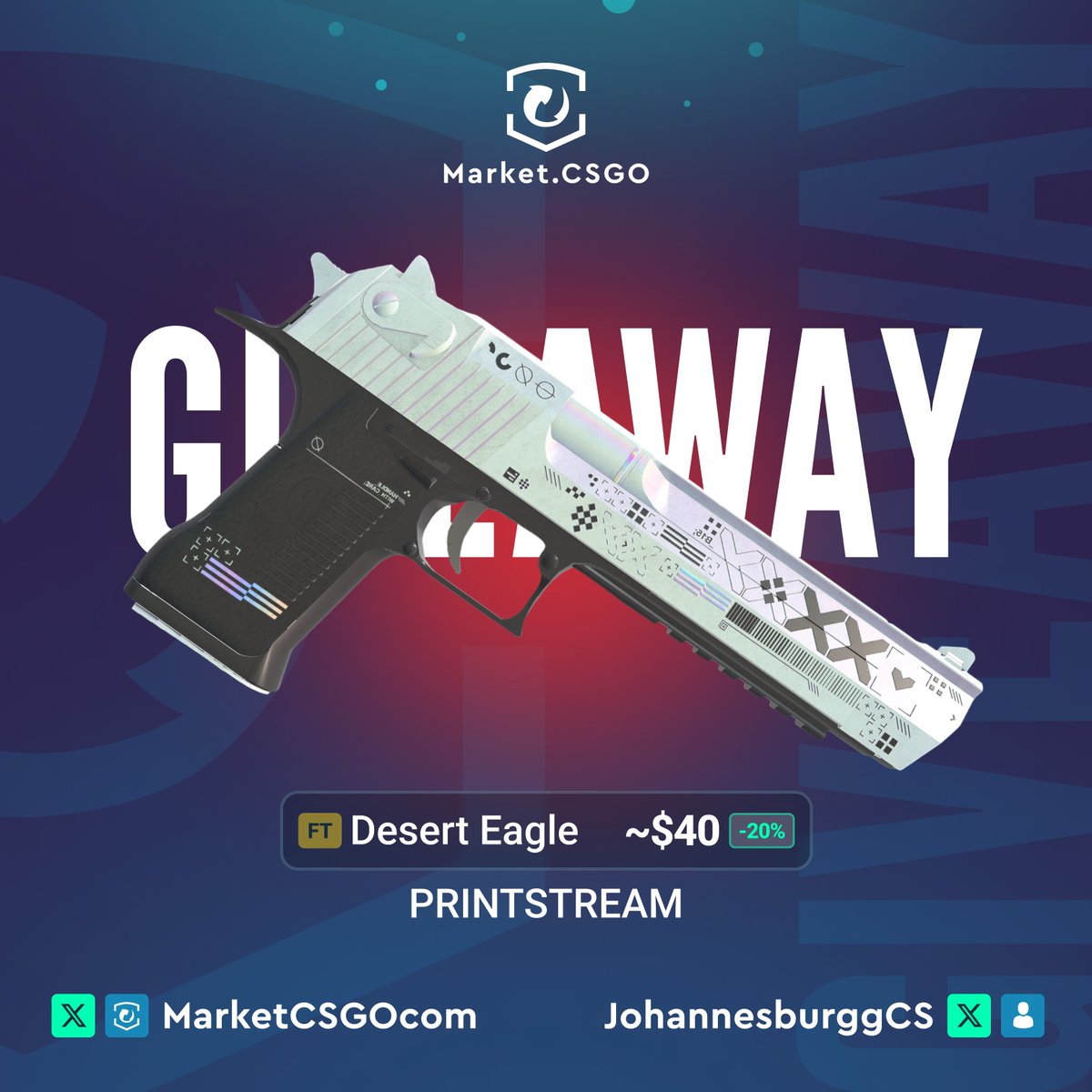JohannesburggCS's tweet image. 🎁Desert Eagle | Printstream FT🎁

How to Enter:
1️⃣Follow @MarketCSGO  + @JohannesburggCS
2️⃣Like and Retweet this post
3️⃣Tag at least one of your teammate under the comment section

💥Winner will be announced on January 15th.
⏰Don't miss your shot at this epic skin! Good luck!