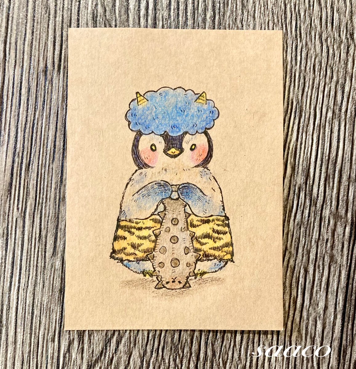 小さいカラーイラスト原画 青鬼さんも登場しました🐧 #イラスト #なら