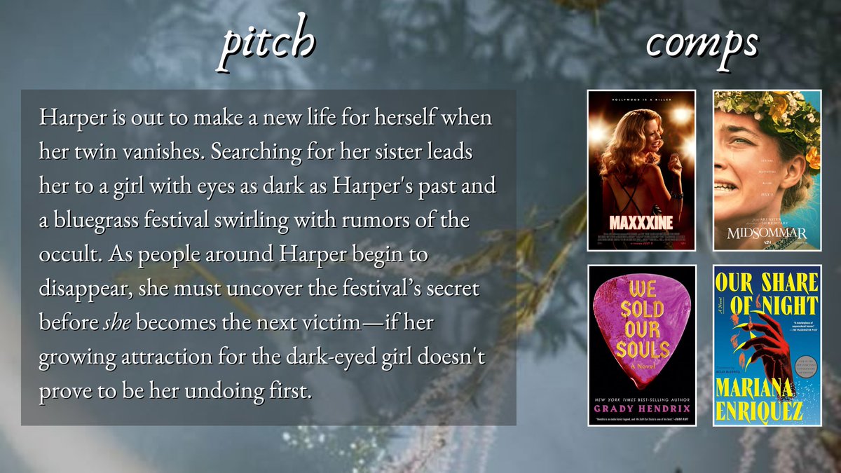 byrachelrussell's tweet image. ₊˚.⋆⁺₊✧ PUBLISHING NEWS ✧₊⁺⋆.˚₊

I'm now represented by Alex Land @gravity_fail09 at MWLA!

Her enthusiasm and vision for my bluegrass festival haunted by a creepy cult blew me away. I look forward to working together and can't wait to see what the future brings!