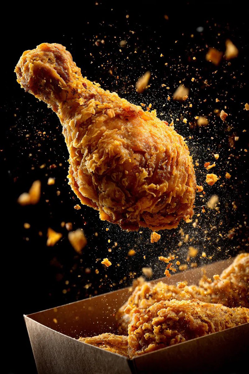 This AI image generation style captures hyper-realistic details of food, specifically fried chicken, using advanced macro photography techniques and dynamic compositions.