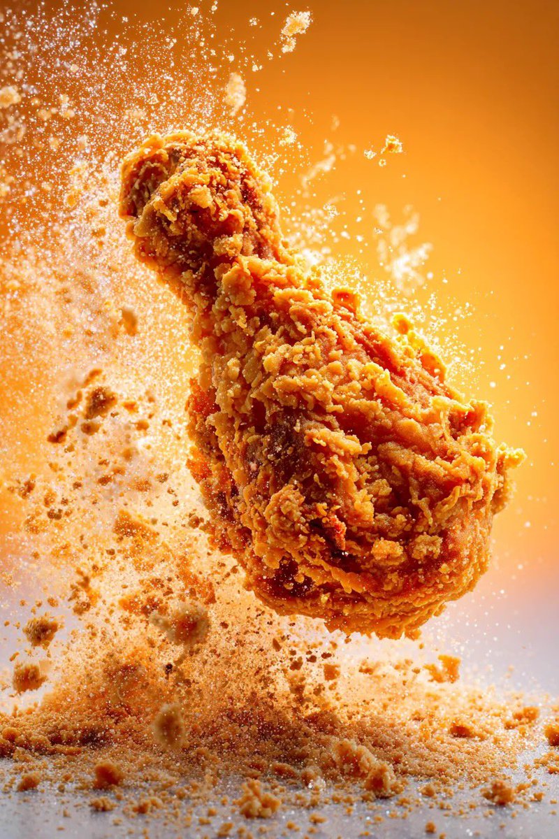 This AI image generation style captures hyper-realistic details of food, specifically fried chicken, using advanced macro photography techniques and dynamic compositions.