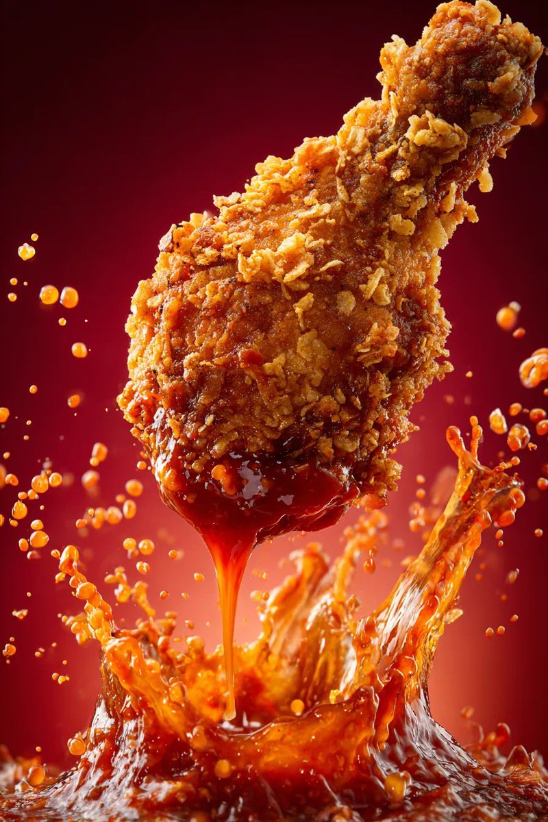 This AI image generation style captures hyper-realistic details of food, specifically fried chicken, using advanced macro photography techniques and dynamic compositions.
