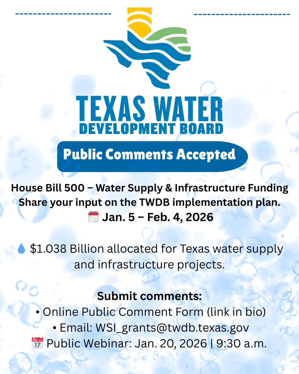 Public Comments Open

Share your inout: 🗓 Jan 5 – Feb 4, 2026
forms.office.com/pages/response…

📧 WSI_grants@twdb.texas.gov