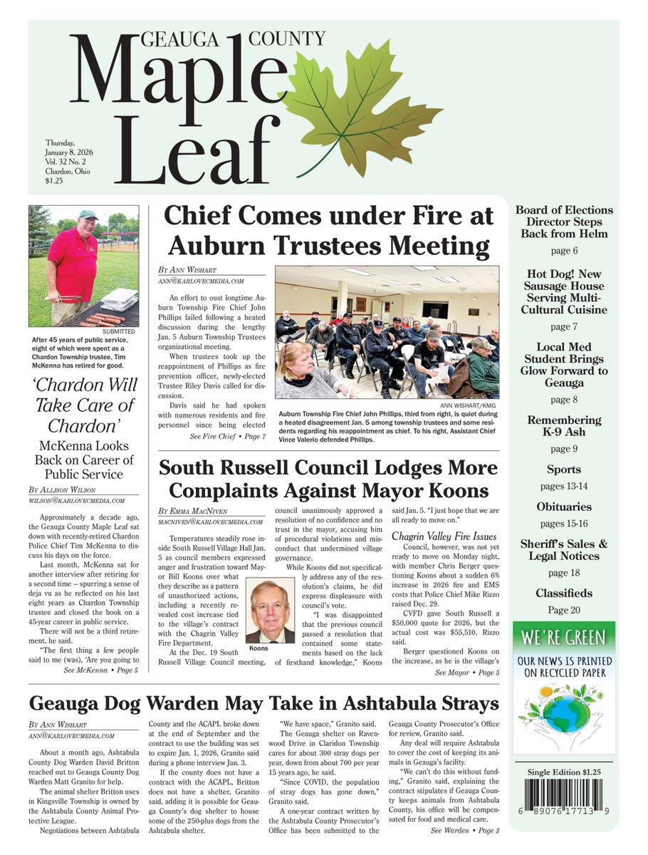 MiddlefieldPost's tweet image. Today’s Geauga County Maple Leaf is out 📰

Top stories include:

🔥Auburn fire chief faces criticism at trustees meeting
🏦SRV council escalates complaints against mayor
🐾Dog Warden may assist with Ashtabula strays

Support journalism:
geaugamapleleaf.com/subscribe-rene…