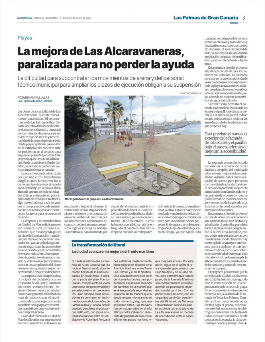 Alcaravaneras. Obra q tenía terminar en diciembre, ni ha empezado. 
Eso sí, presentación con rueda de prensa en verano (PSOE y NC). 
 X 2° vez, paran la obra para no tener q resolver el contrato. Encima, si sobrepasan marzo, igual pierden la subvención del Cabildo... 1 más.