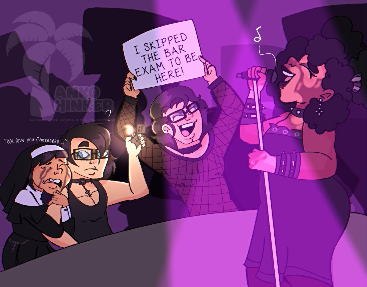 jadedanshi's tweet photo. Day 3 of #JadeWeek2026! My favorite outfit is obviously the musical challenge one, so of course I drew Jade rocking out!  (Benji’s sign is a joke. Maybe.) #dctwt https://t.co/jSmMayfWHz