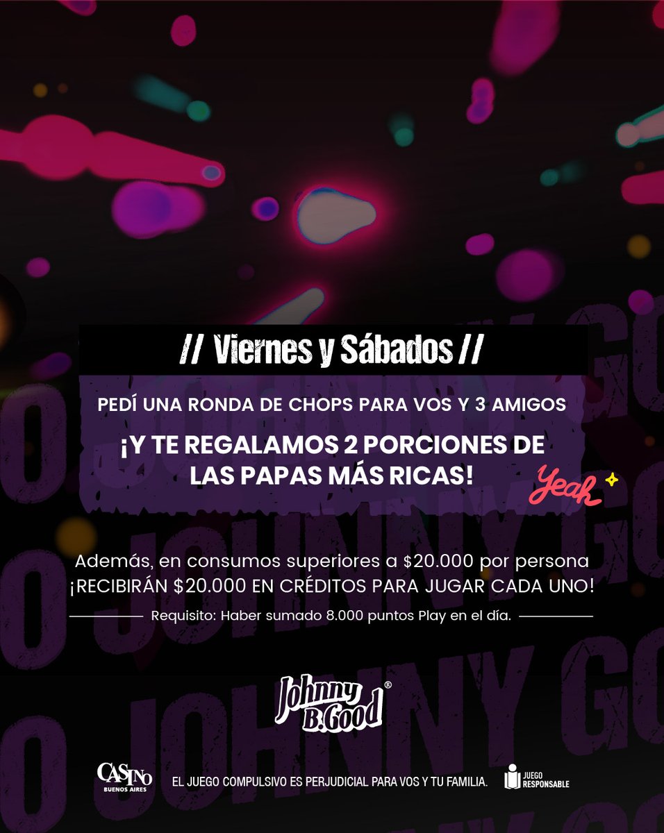 ✨ Noches a full en Johnny B. Good ✨
📍 Solo en Casino Buenos Aires

🍻 Ronda de chops + papas gratis
🎰 Consumos +$20.000 = $20.000 en créditos

🔥 Viernes y sábados, la previa se vive acá.
#CasinoBuenosAires #JohnnyBGood #NochesAFull