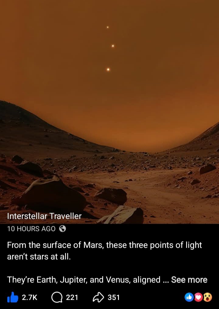 लोभीपापीहरुले आफु बसेको पृथ्वी राम्रो संग हेर्नु हेर्नुहोस । यो मंगल ग्रहबाट देखिएको पृथ्वी (बिचको), बृहस्पति र शुक्र ग्रहको फोटो हो । यति देख्दा देख्दै पनि किन झगडा , लोभ, लालच, कुकृत्य र घमण्ड गर्दछौ मुर्ख मनुवाहरु🌹🌹🌹 Photo Source: Intersteller Traveller