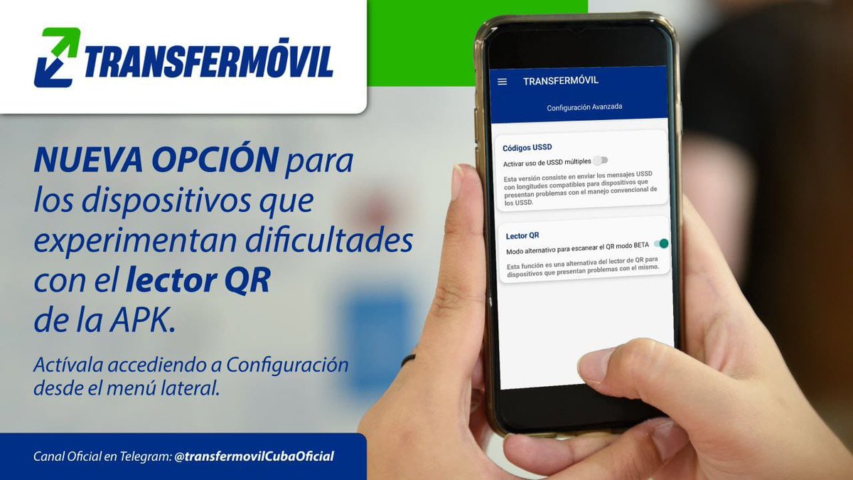 ¿No logra escanear el Código QR para el pago electrónico por #Transfermóvil ? Active esta opción,  le explicamos cómo 👇

✅Despliegue el Menú lateral izquierdo
✅Acceda a Configuración
✅Otras Configuraciones
✅Activar Lector QR

#EtecsaConCuba