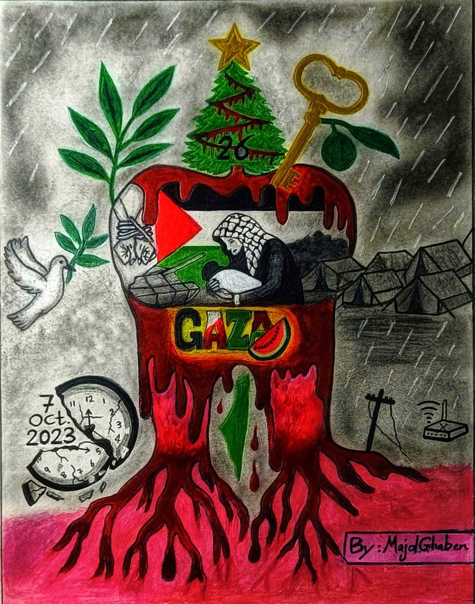 In Gaza, time stopped on Oct 7, 2023! since then, life has been suspended.This artwork was born from feelings of oppression and betrayal, from a time that froze and dreams that shattered. It is not only a reflection of pain, but also a testimony that even in silence, Gaza speaks