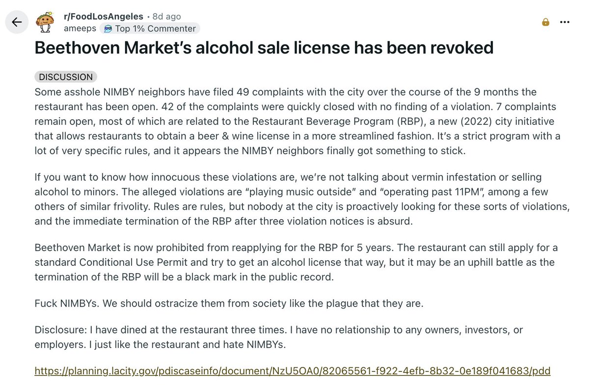 LA hates restaurants

Beethoven Market got their liquor license revoked because someone who bought their Mar Vista House for 7 strawberries and a pack of gum was so upset about the "noise" they filed 49 complaints

It's a beautiful restaurant and it's great for the area. WTF