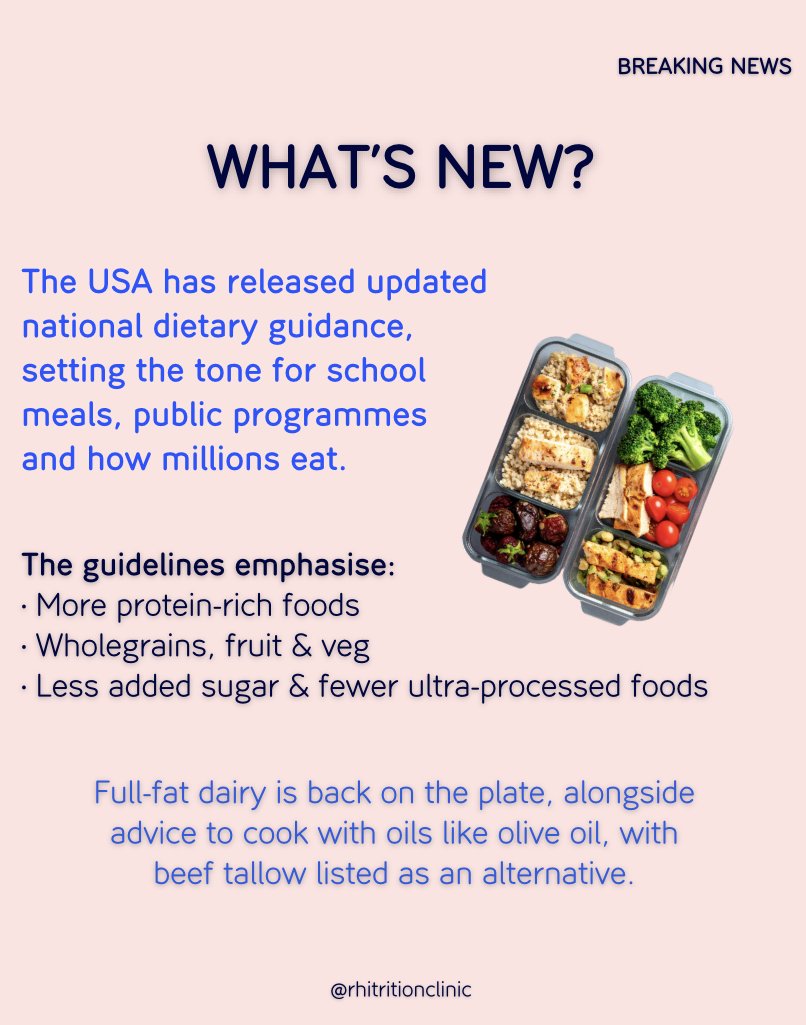 Rhitrition's tweet image. NEW U.S DIETARY GUIDELINES👇...
Some positives:
🙌Fibre is getting a spotlight
🪇UPF are discouraged
However, clear, actionable guidance is missing...
❌UPF are convenient &amp;amp; affordable, how is this navigated?
🧈Saturated fats are prominent
🌿No clear fibre targets (30g/day)!