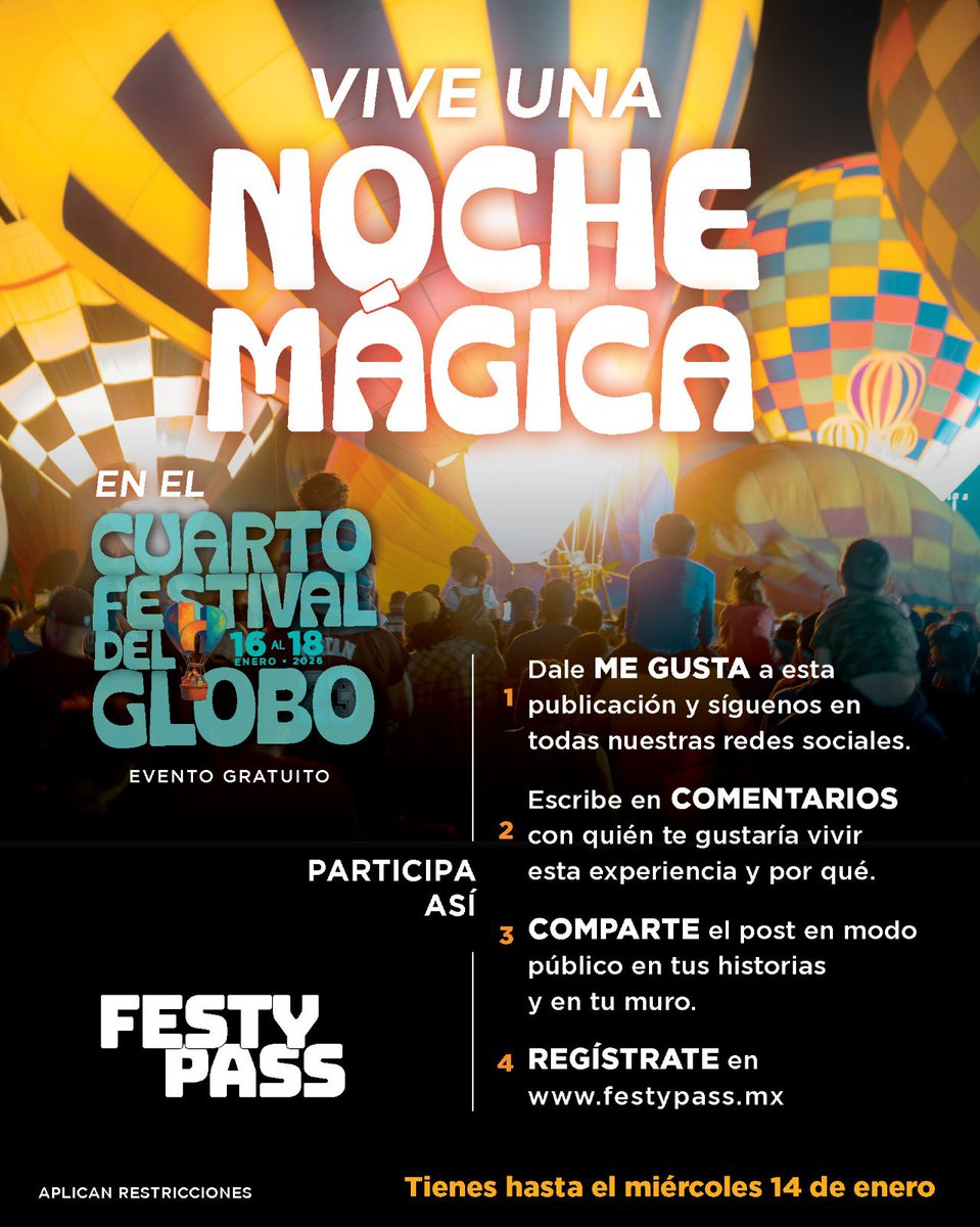 🌌 Vive una Noche Mágica en el IV Festival del Globo.

Festy Pass te da el acceso total a uno de los espectáculo más impresionantes de La H.

☝️ Para participar regístrate en : 
q.me-qr.com/9rly0iq8 

Tienes hasta el miércoles 14 de enero.
#FestyPassGiveaway