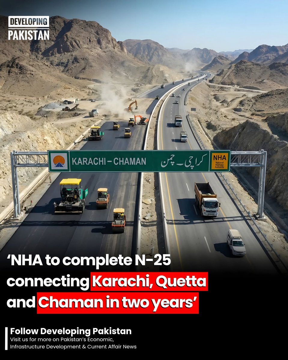 developingpak's tweet image. Federal Minister for Communications Abdul Aleem Khan has stated that the National Highway Authority (#NHA) will complete the 813-kilometer long #Pakistan #Expressway (N-25) connecting #Karachi #Quetta #Chaman within 2 years for which initial work has already commenced. He