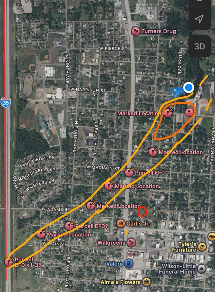SHSMrFleming's tweet image. EF0-EF2 tornado in Purcell, Oklahoma just a bit ago... That was close... my mom's house is the little red circle. It's too early for this...