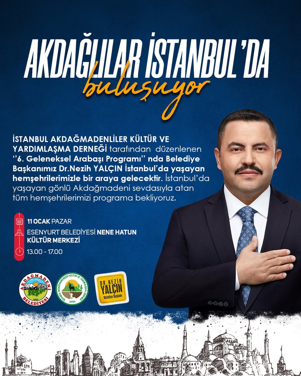 İSTANBUL AKDAĞMADENLİLER KÜLTÜR VE YARDIMLAŞMA DERNEĞİ tarafından düzenlenen programa İstanbul’da yaşayan gönlü Akdağmadeni sevdasıyla atan tüm hemşehrilerimizi bekliyoruz.
￼
 🗓️ 11 OCAK PAZAR 
￼📌 ESENYURT BELEDİYESİ NENE HATUN KÜLTÜR MERKEZİ
￼⏰13.00 - 17.00 

#Akdağmadeni