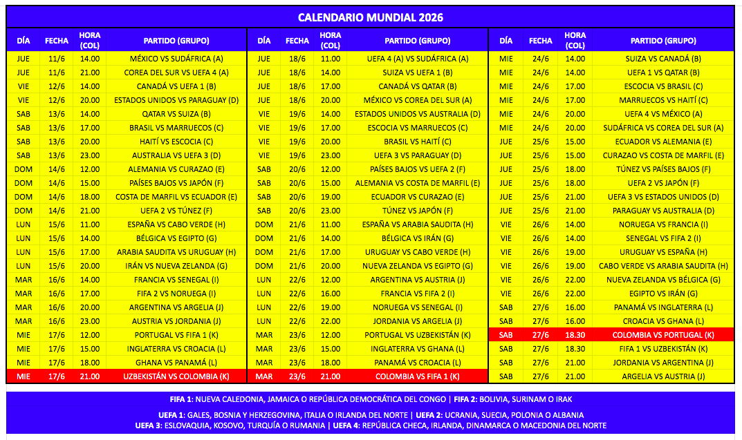 carasaki10's tweet photo. ⚽🗓️ Para los amigos colombianos, en especial el gran @cmejia26, el calendario de los 72 partidos de la fase de grupos del Mundial con horario de 🇨🇴. RT, Fav y guardar imagen. Abrazos, parces. https://t.co/maJFtgiwXO