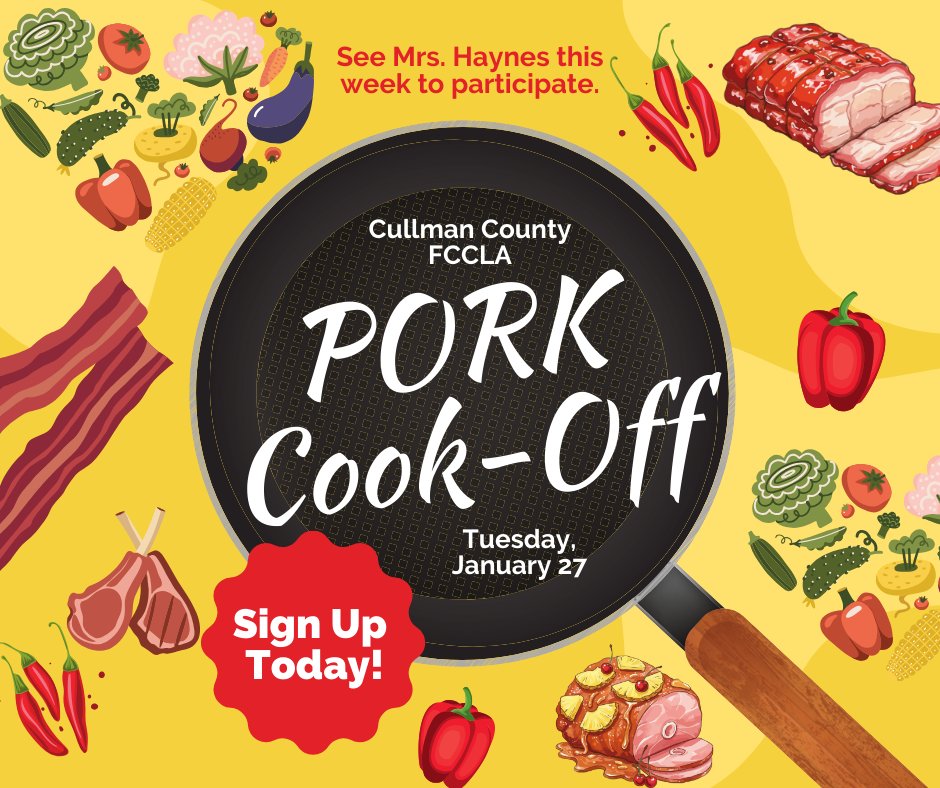 FairviewHighAL's tweet image. FCCLA members! Sign up today to participate in the Cullman County FCCLA Pork Cook Off, scheduled for Tuesday, January 27.  Please see Mrs. Haynes for more information.