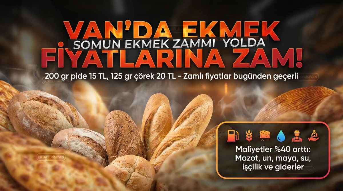 Van’da yeni yıl ile birlikte zamlar gelmeye devam ediyor. Ekmek fiyatlarına da zam geldi. 200 gram pide 15 TL, 125 gram çörek 20 TL oldu. Somun ekmek zammı ise yolda. haberimvan.com.tr/ekonomi/vanda-…