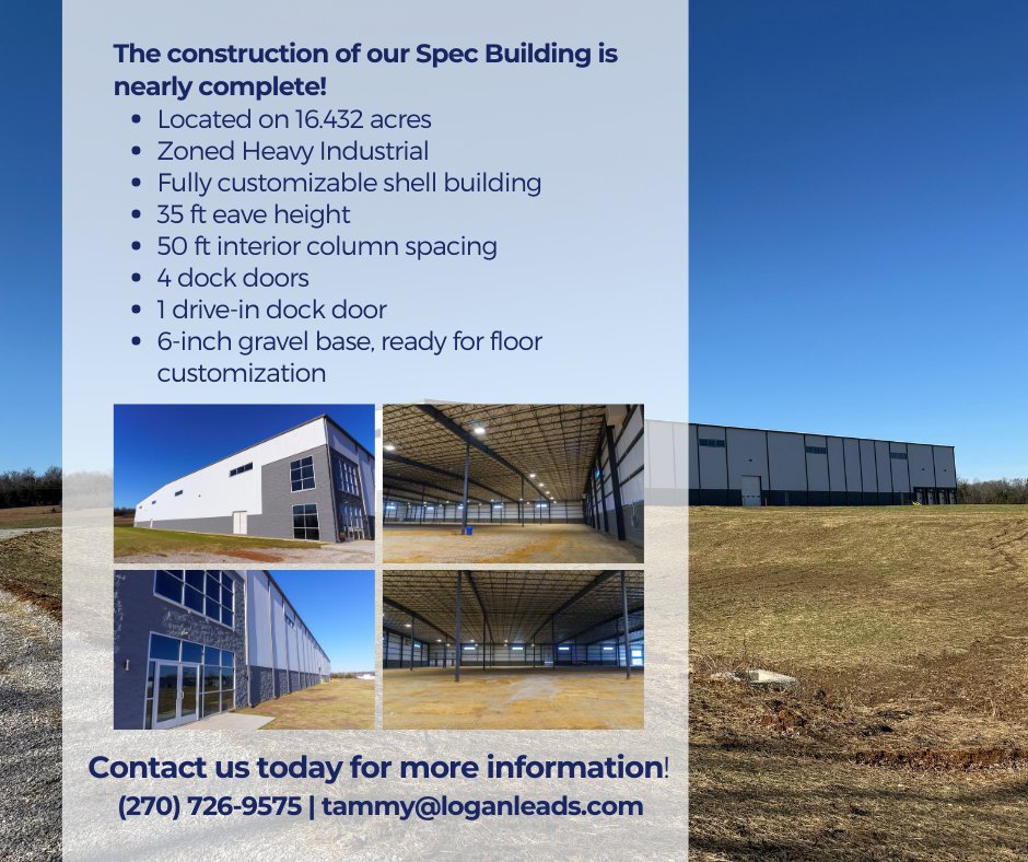 Construction is nearly complete on our Spec Building—almost ready for its next tenant.
16.432 acres | Heavy Industrial zoning | Fully customizable shell with 35’ eaves, 50’ column spacing, dock &amp; drive-in doors.

📞 270-726-9575 | 📧 tammy@loganleads.com