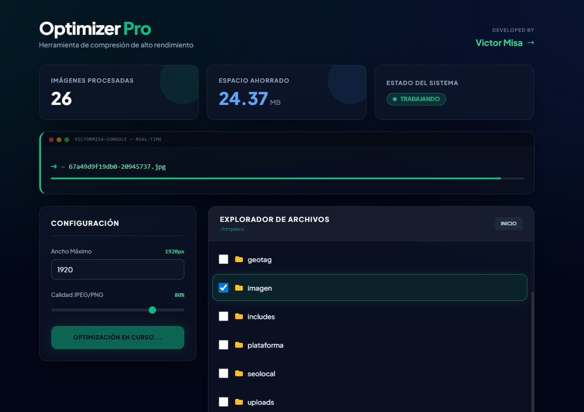 ¿Tu web carga lento? El 90% de las veces son las imágenes. 🐢📉

He liberado mi Script de Optimización Automática (PHP). Se ejecuta en tu servidor, escanea todas las carpetas y comprime JPG/PNG sin pagar APIs externas.

✅ Recursivo ✅ Persistente (No repite trabajo) ✅ Gratis