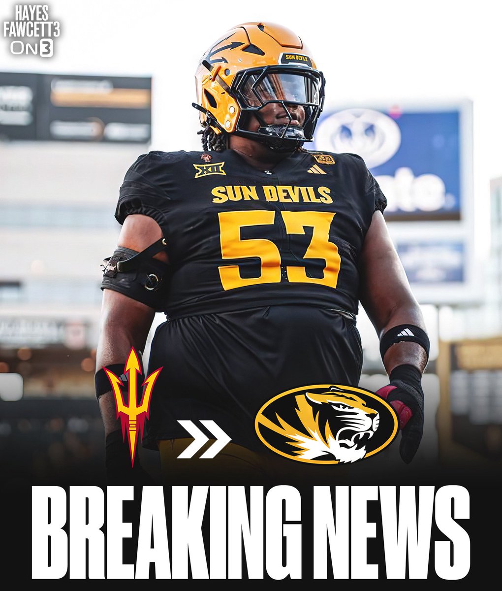 Hayesfawcett3's tweet image. BREAKING: Arizona State transfer OT Josh Atkins has Committed to Missouri, he tells @On3Sports

The 6’4 315 OT made 39 consecutive starts at LT &amp;amp; was named a 2025 Team Captain for the Sun Devils 

He’ll have 1 year of eligibility remaining

on3.com/transfer-porta…