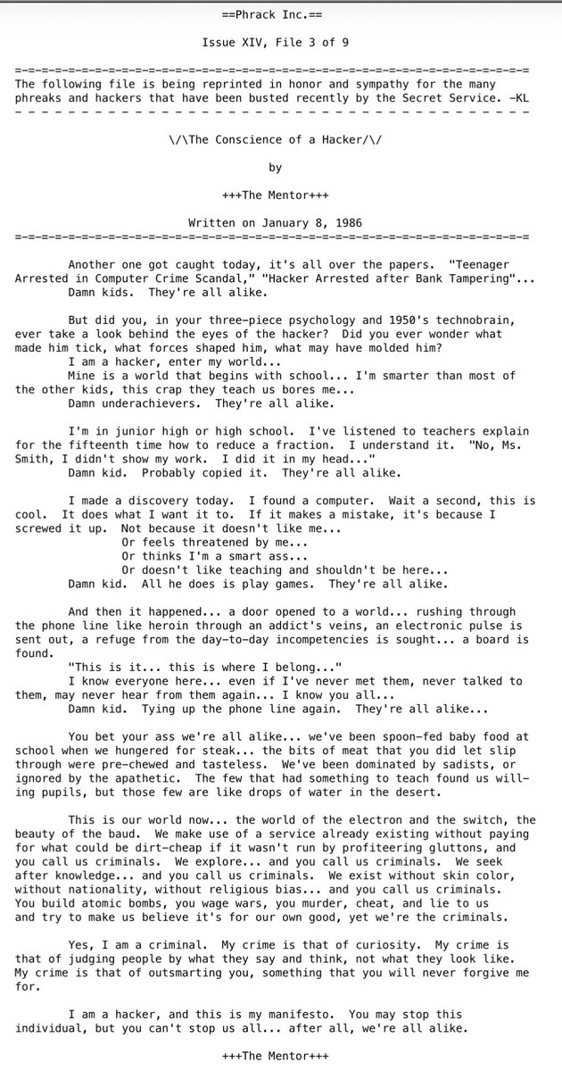“The Conscience of a Hacker” by The Mentor is 40 years old today.