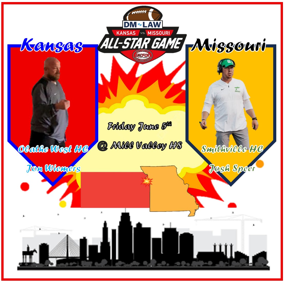 In case you were not there last night at our 1st GKCFCA Clinic; Congratulations to this years Head Coaches for the DM Law KS-MO All-Star game; Kansas-Olathe West HC Jon Wiemers and for Missouri-Smithville HC Josh Speer! #BorderWarKC