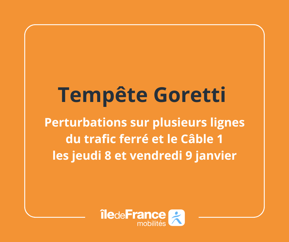 IDFmobilites's tweet image. 🌬️ Après la neige, le vent ! La tempête #Goretti va toucher la région #IledeFrance dès ce soir et perturber le trafic ferré sur plusieurs lignes, tout comme le Câble 1, les jeudi 8 et vendredi 9 janvier :

• @RERD_SNCF  : début de service sur les axes Corbeil/Ris Orangis,