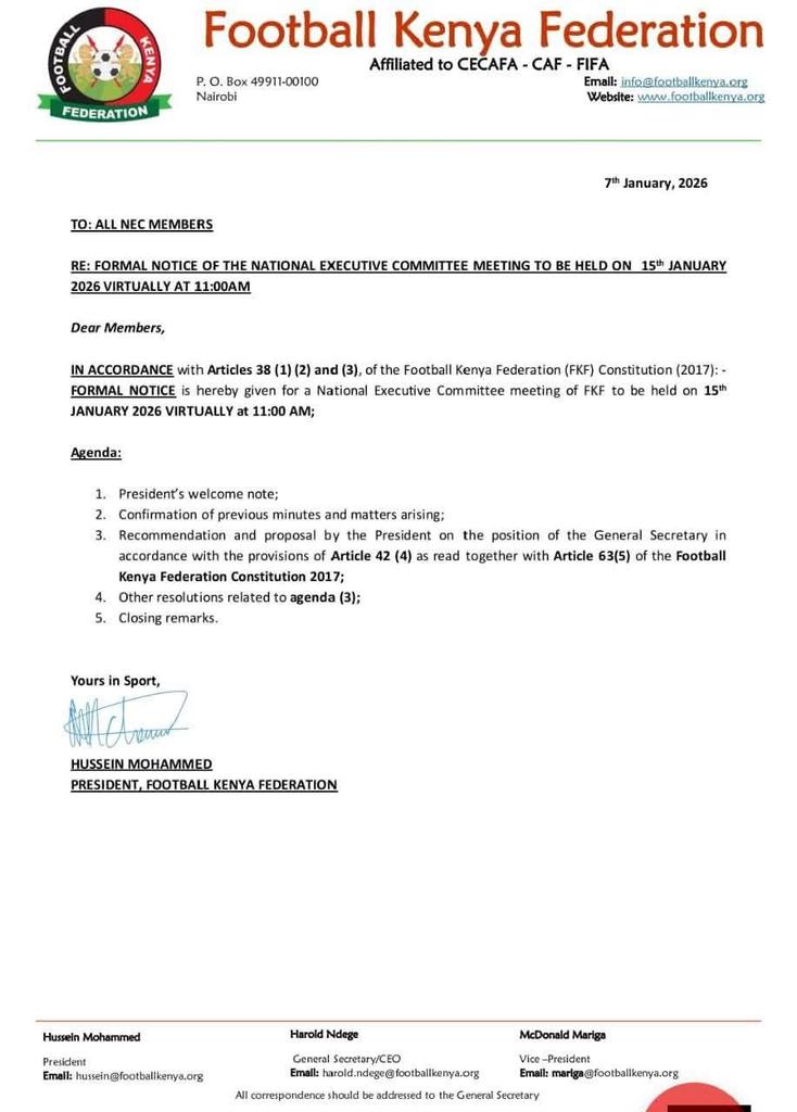 Dear <a href="/WilliamsRuto/">William Samoei Ruto, PhD</a> <a href="/Waziri_Mvurya/">H.E Salim_Mvurya, EGH.</a> ,

<a href="/husseinmoha/">Hussein Mohammed</a> has failed Kenyan football. - Now he is planning to sack his CEO Harold Ndege + Kalee
Kindly dismiss HM and let football be handled by a FKF Caretaker Committee. 

I submit. 

#FootballKe
#HusseinMustGo

CC:
<a href="/CAF_Online/">TotalEnergies AFCON 2025</a> 
<a href="/FIFAcom/">FIFA</a>