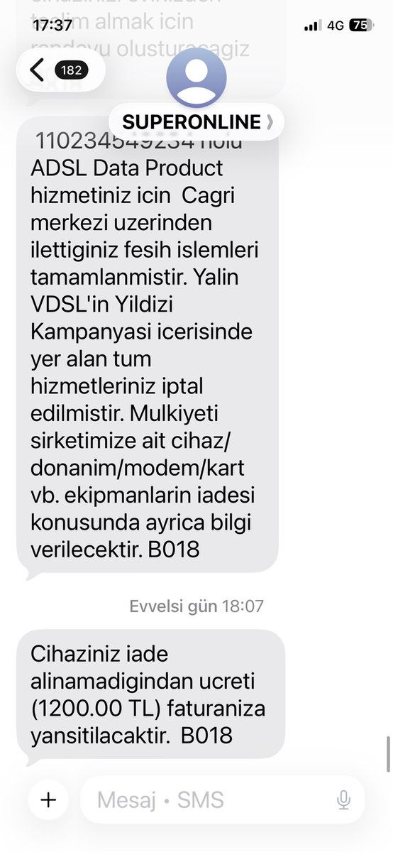 brkucr70's tweet photo. @TurkcellHizmet @Fiberintenet aboneliğimizi iptal ettik modemi alacağız diye SMS geldi hemen ardından da modemi alamadıgımız için 1200 TL faturaya yansıtıyoruz diye SMS geldi bu nasıl iş ben anlamadım. Modem evde duruyor getir dediğinizde getirmedik mi https://t.co/PI2hKzZHZ1