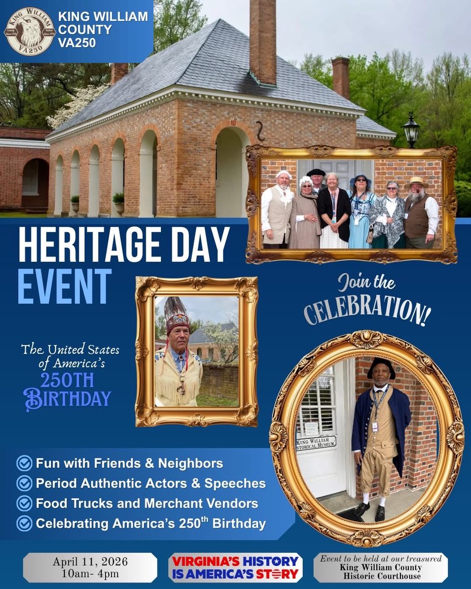 West_Point_VA's tweet photo. 🇺🇸 Happy 250th Birthday, America! Save the date now and celebrate with King William County VA250 at the Heritage Day Festival, happening Saturday, April 11th at the King William County Historic Courthouse! 

Event: https://t.co/axwe22NBBe
Web: https://t.co/fzWcVu35x6 https://t.co/8Mct204JOD