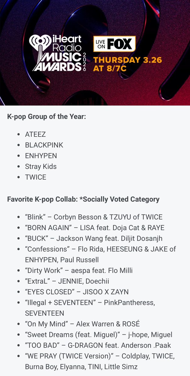 enhypenupdates's tweet image. [INFO] 260109

ENHYPEN, along with Heeseung and Jake’s collaboration song with Flo Rida and Paul Russell, have been nominated at the 2026 iHeartRadio Music Awards:

• K-pop Group of the Year
• Favorite K-pop Collab - Confessions by Flo Rida, HEESEUNG &amp;amp; JAKE of ENHYPEN, Paul…