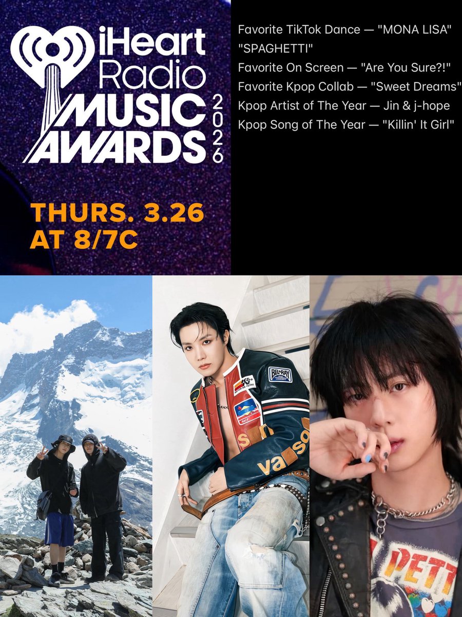 rainbowbts's tweet photo. ARMYS, o #JIN, #JIMIN, #JUNGKOOK e #JHOPE foram indicados ao “iHeart Radio Music Awards!” a votação acontece pelo site, mas não está disponível no Brasil. 

CONGRATULATIONS JIN
CONGRATULATIONS J-HOPE
CONGRATULATIONS JIMIN
CONGRATULATIONS JUNGKOOK
#ARMYoniHeartRadioMusicAwards2026 https://t.co/P3Kh7sFxqy