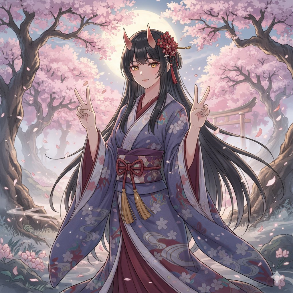 ◆ 手描きイラスト ◆ 華瑞月　鬼　FA にじぴっぴ 参加させて頂きます 今日は月夜の桜と鬼娘の取り合わせで