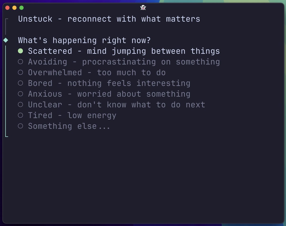 Sometimes I get stuck. Scrolling Twitter, not doing the important work although I know I should.

Usually the cause is the same - I'm ignoring my emotions, lack awareness, or just tired.

Since my work happens inside cybos (claude code powered cybernetic operating system) anyway,